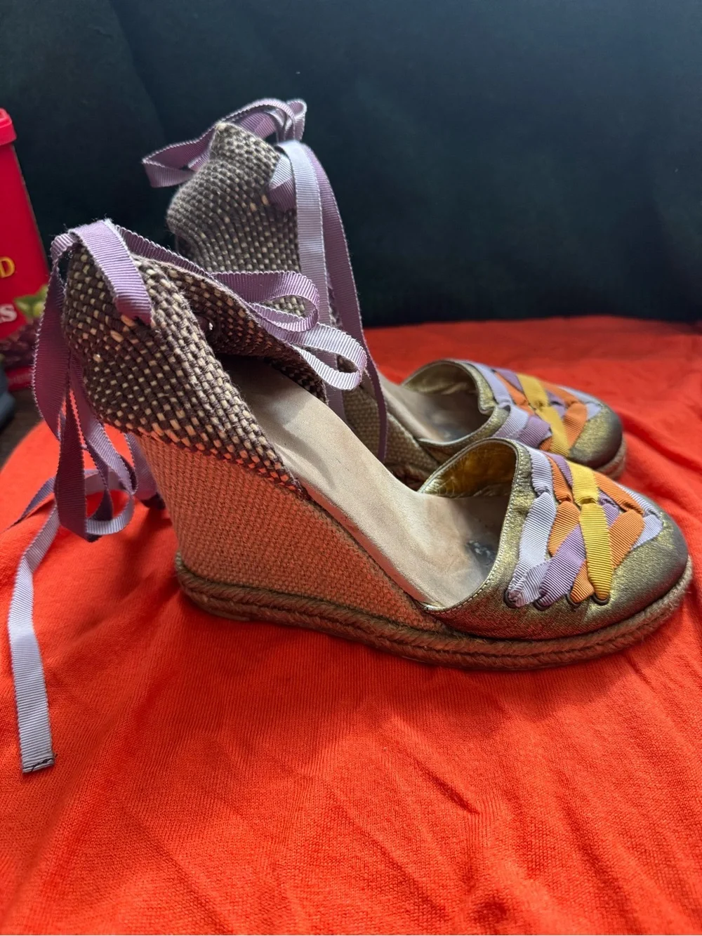 Marc Jacobs Woven Ribbon Espadrille Wedges in Lavender, Orange & Gold